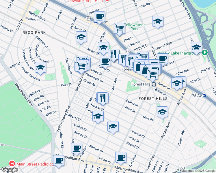 map of restaurants, bars, coffee shops, grocery stores, and more near 68-59 Exeter Street in Queens