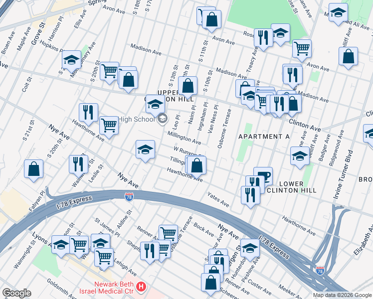 map of restaurants, bars, coffee shops, grocery stores, and more near 274 West Runyon Street in Newark