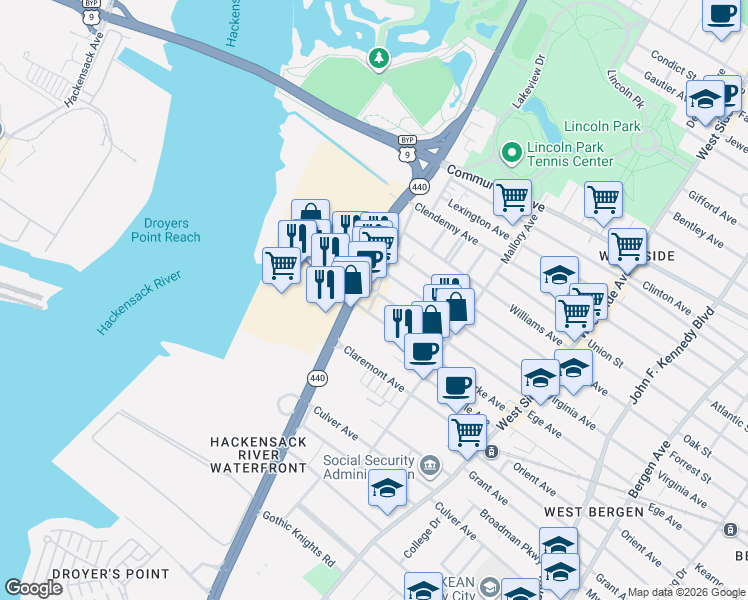 map of restaurants, bars, coffee shops, grocery stores, and more near 16 Bennett Street in Jersey City