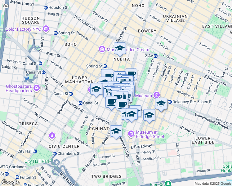 map of restaurants, bars, coffee shops, grocery stores, and more near 233 Grand Street in New York