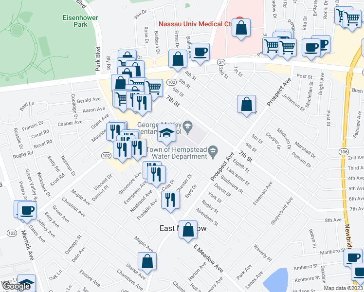 map of restaurants, bars, coffee shops, grocery stores, and more near 2201 Devon Street in East Meadow