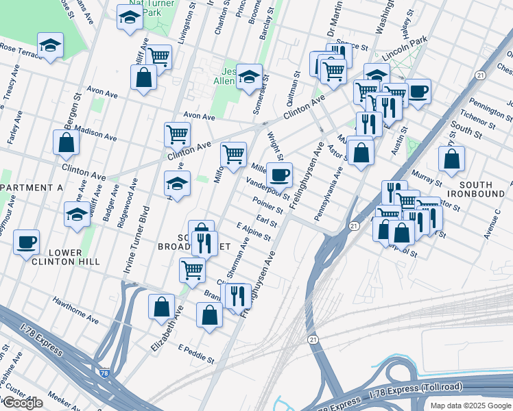 map of restaurants, bars, coffee shops, grocery stores, and more near 46 Poinier Street in Newark