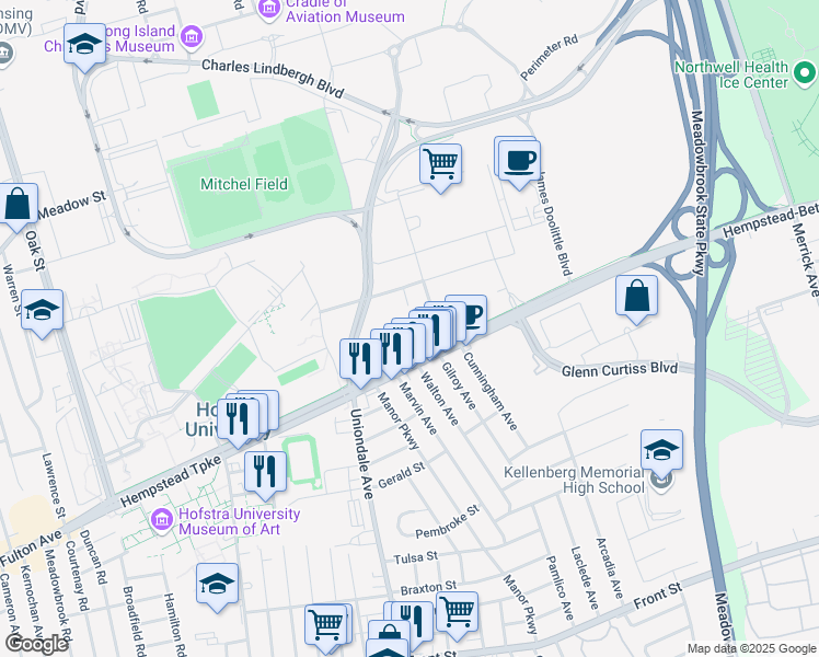 map of restaurants, bars, coffee shops, grocery stores, and more near 1101 Hempstead Turnpike in Uniondale