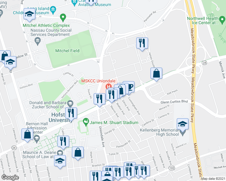 map of restaurants, bars, coffee shops, grocery stores, and more near 1101 Hempstead Turnpike in Uniondale