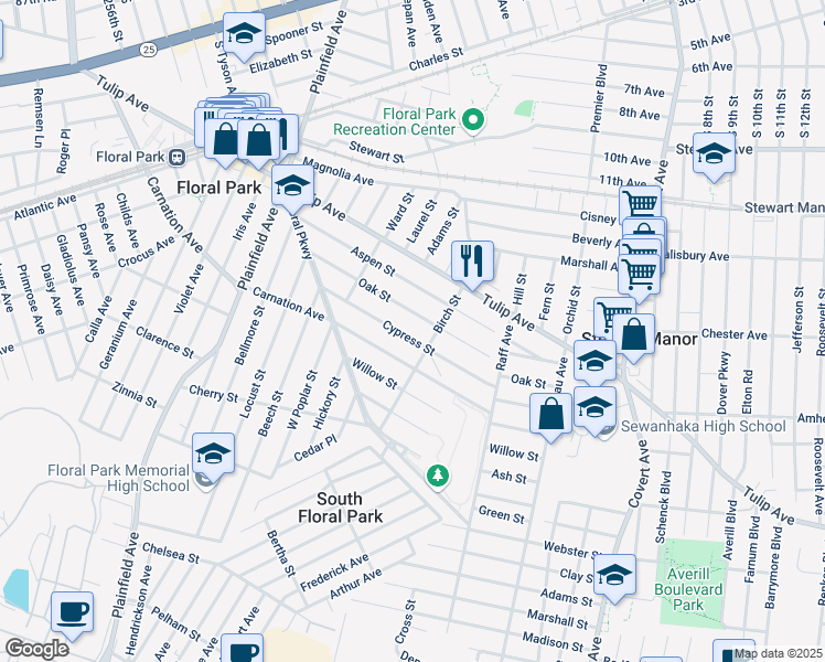 map of restaurants, bars, coffee shops, grocery stores, and more near 323 Carnation Avenue in Floral Park