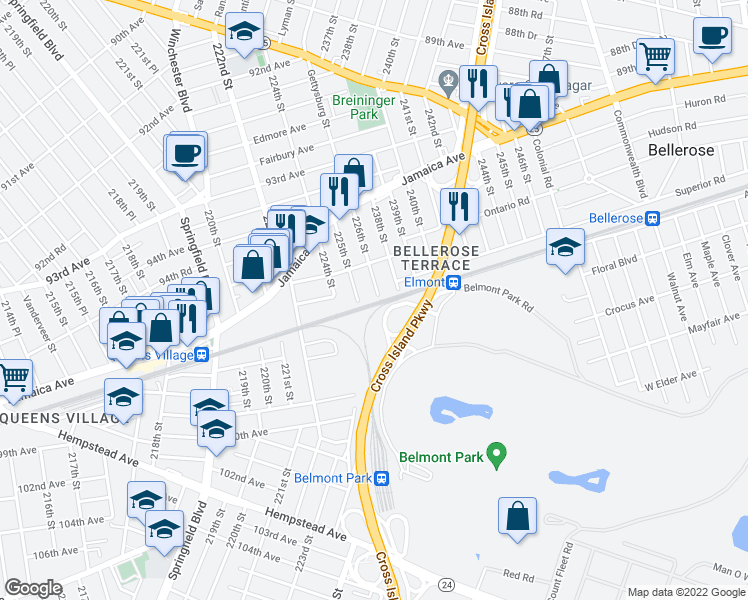 map of restaurants, bars, coffee shops, grocery stores, and more near Th St in Bellerose Terrace