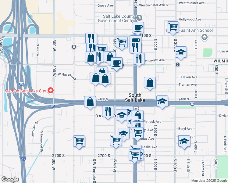 map of restaurants, bars, coffee shops, grocery stores, and more near in South Salt Lake