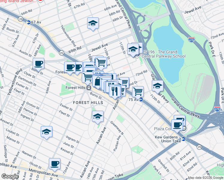 map of restaurants, bars, coffee shops, grocery stores, and more near in Queens