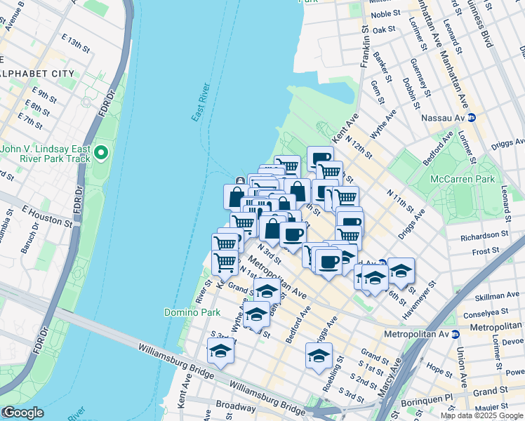 map of restaurants, bars, coffee shops, grocery stores, and more near 184 Kent Avenue in Brooklyn