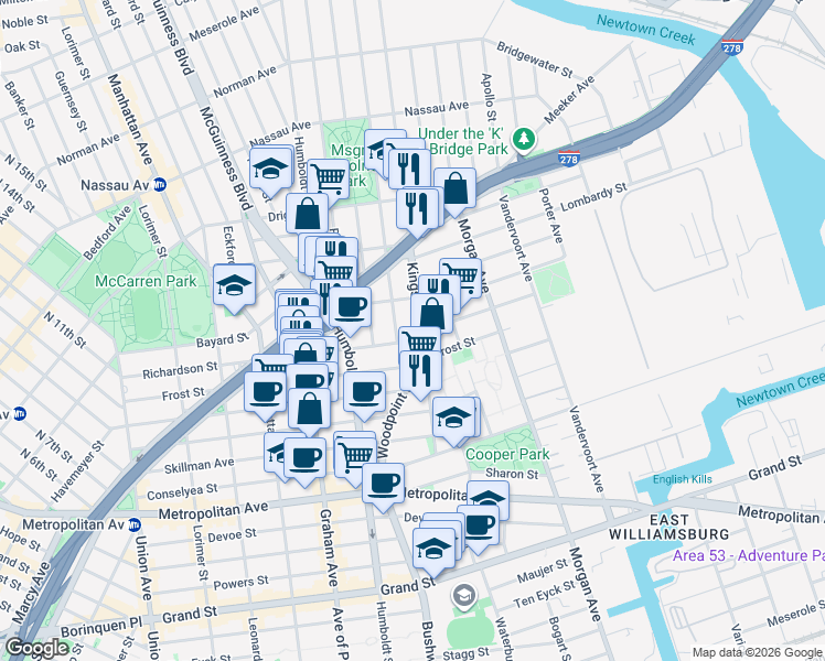 map of restaurants, bars, coffee shops, grocery stores, and more near 91 Kingsland Avenue in Brooklyn