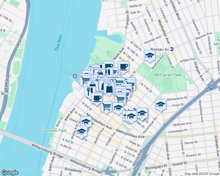 map of restaurants, bars, coffee shops, grocery stores, and more near 89 North 6th Street in Brooklyn