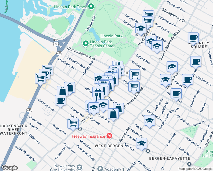 map of restaurants, bars, coffee shops, grocery stores, and more near 144 Clendenny Avenue in Jersey City