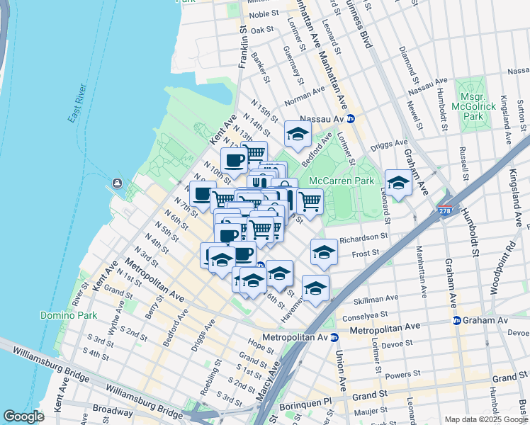 map of restaurants, bars, coffee shops, grocery stores, and more near Bedford Avenue & North 10th Street in Brooklyn