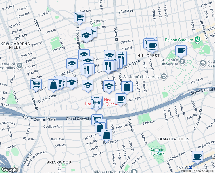 map of restaurants, bars, coffee shops, grocery stores, and more near 80-62 161 Street in Queens
