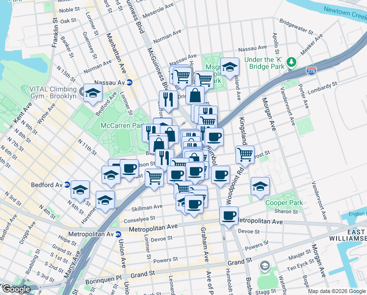 map of restaurants, bars, coffee shops, grocery stores, and more near 455 Graham Avenue in Brooklyn
