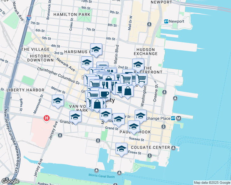map of restaurants, bars, coffee shops, grocery stores, and more near 90 Christopher Columbus Drive in Jersey City