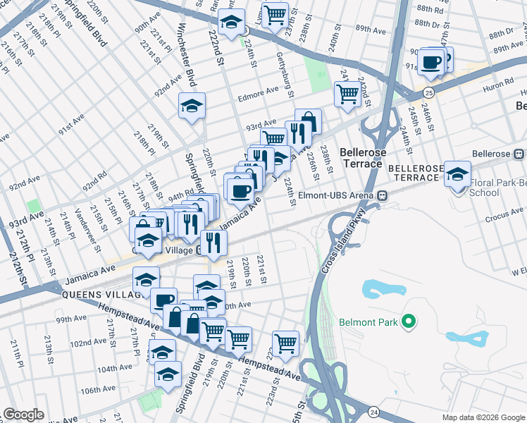 map of restaurants, bars, coffee shops, grocery stores, and more near 96-20 222nd Street in Queens