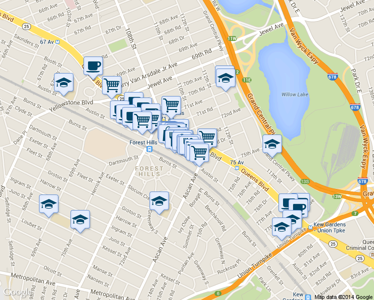 map of restaurants, bars, coffee shops, grocery stores, and more near 108-02 Austin Street in Queens
