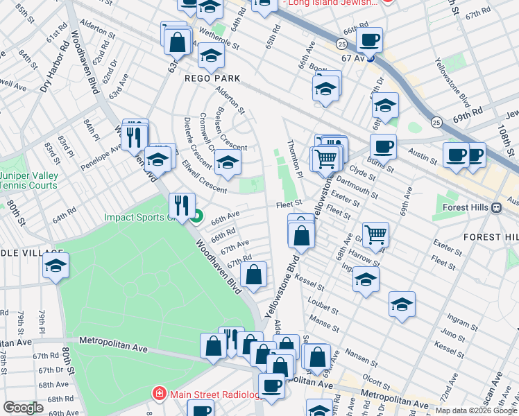 map of restaurants, bars, coffee shops, grocery stores, and more near 85-81 66th Road in Queens