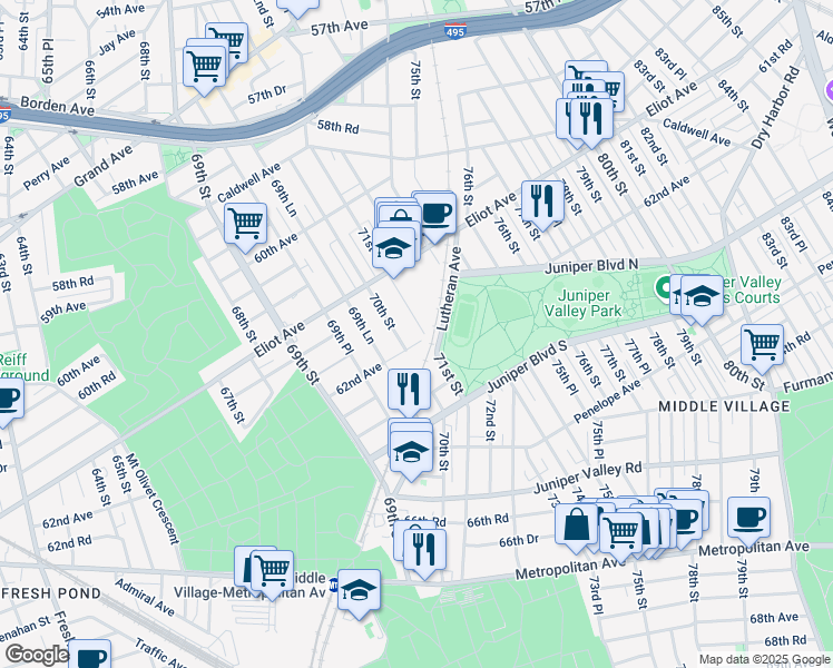 map of restaurants, bars, coffee shops, grocery stores, and more near 6222 71st Street in Queens