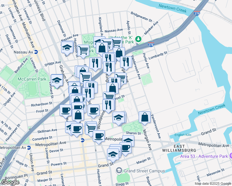 map of restaurants, bars, coffee shops, grocery stores, and more near 289 Frost Street in Brooklyn