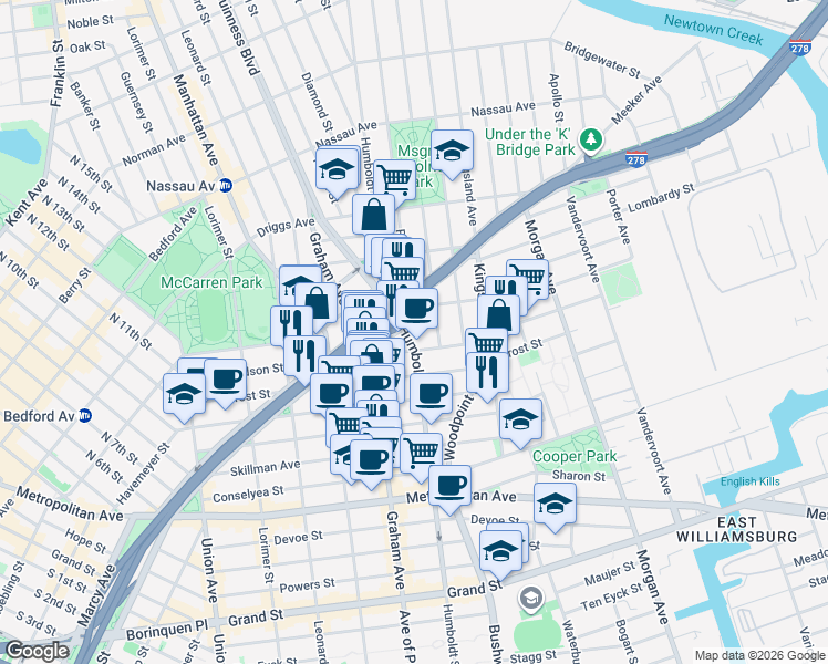 map of restaurants, bars, coffee shops, grocery stores, and more near 177 Richardson Street in Brooklyn