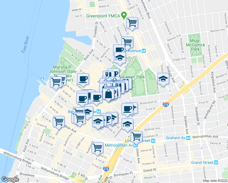 map of restaurants, bars, coffee shops, grocery stores, and more near 460 Driggs Avenue in Brooklyn