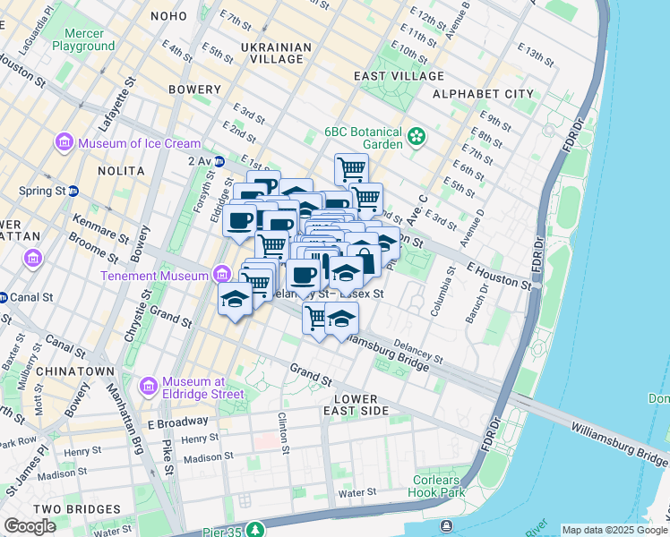 map of restaurants, bars, coffee shops, grocery stores, and more near 42 Clinton Street in New York