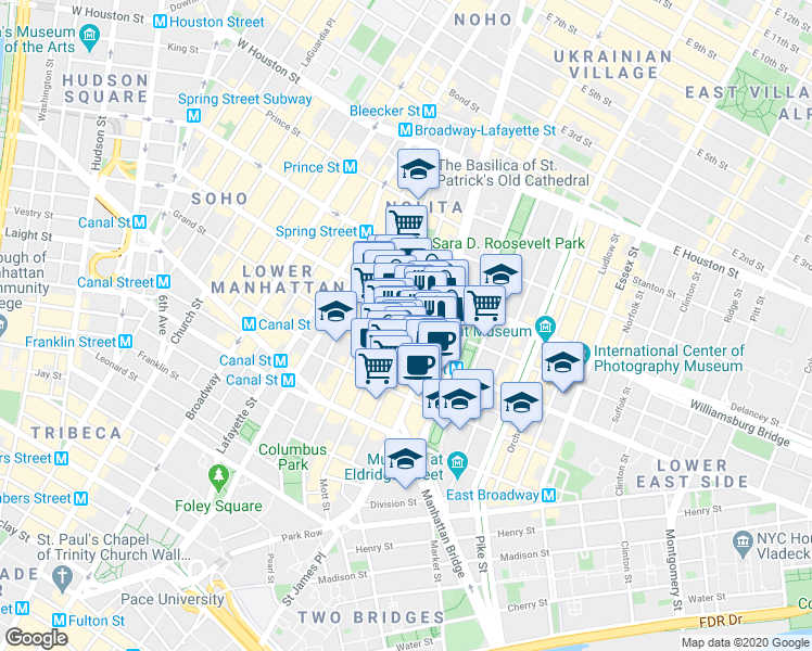 map of restaurants, bars, coffee shops, grocery stores, and more near 233 Grand Street in New York