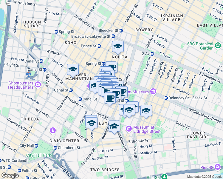 map of restaurants, bars, coffee shops, grocery stores, and more near 203 Grand Street in New York
