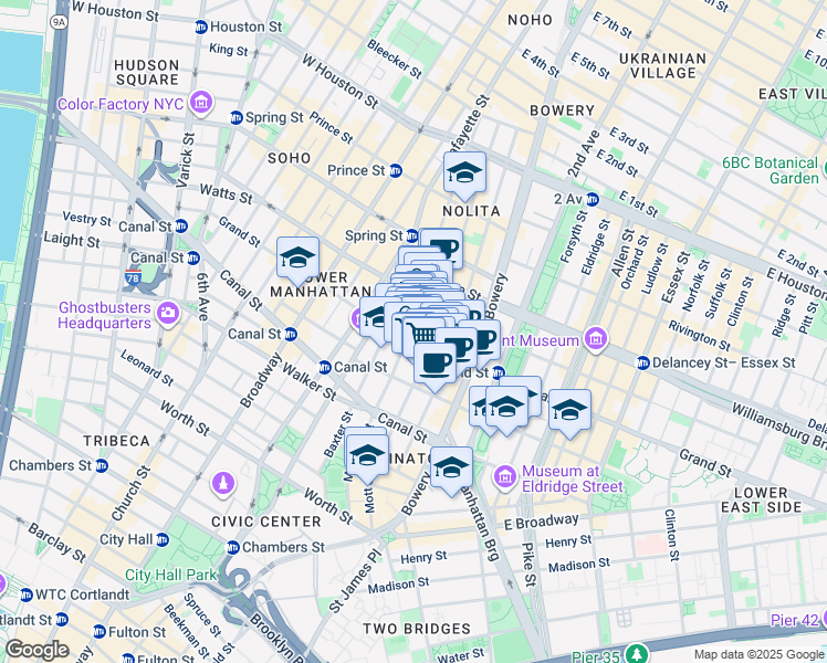 map of restaurants, bars, coffee shops, grocery stores, and more near 203 Grand Street in New York