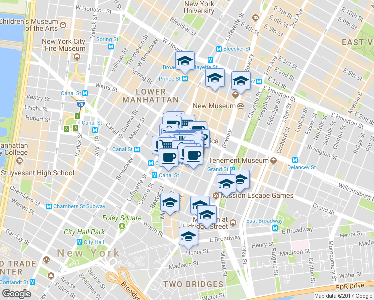 map of restaurants, bars, coffee shops, grocery stores, and more near 142 Mulberry Street in New York