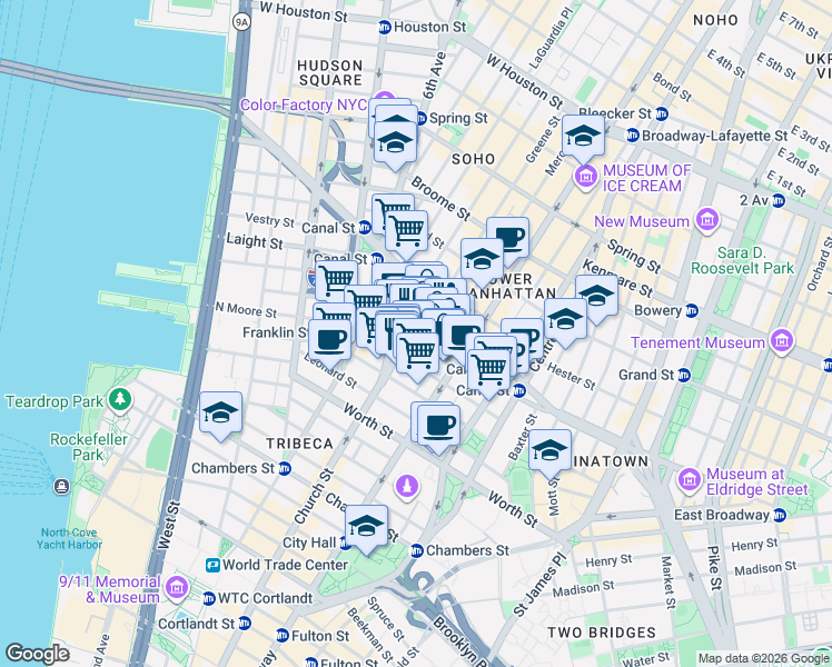 map of restaurants, bars, coffee shops, grocery stores, and more near 39 Walker Street in New York