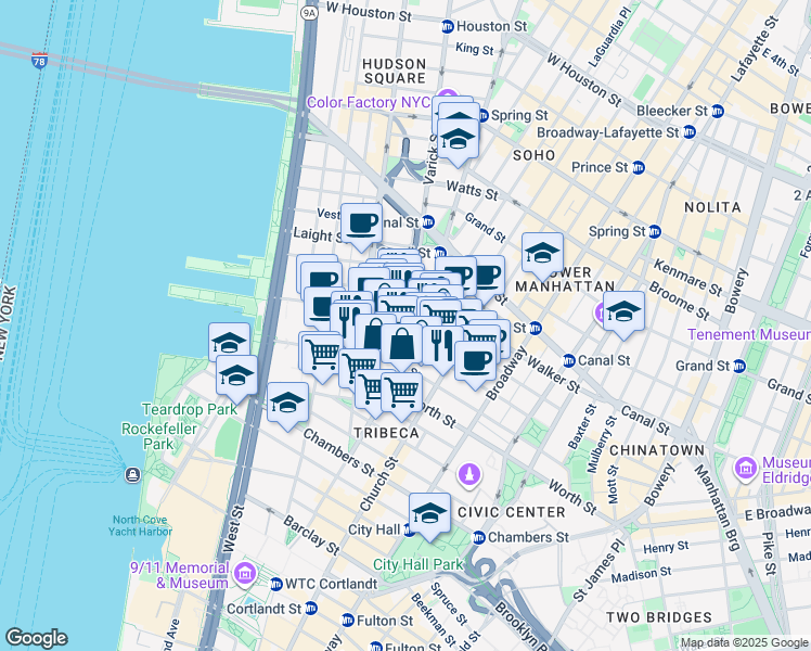 map of restaurants, bars, coffee shops, grocery stores, and more near in New York