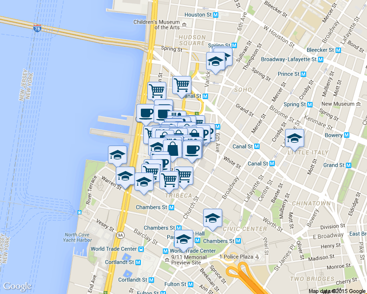 map of restaurants, bars, coffee shops, grocery stores, and more near 162 Franklin Street in New York