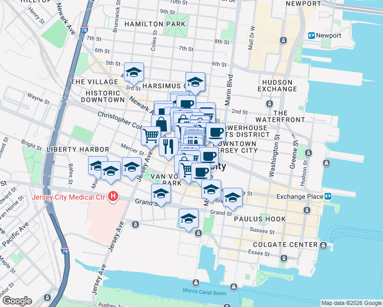 map of restaurants, bars, coffee shops, grocery stores, and more near 49 Wayne Street in Jersey City