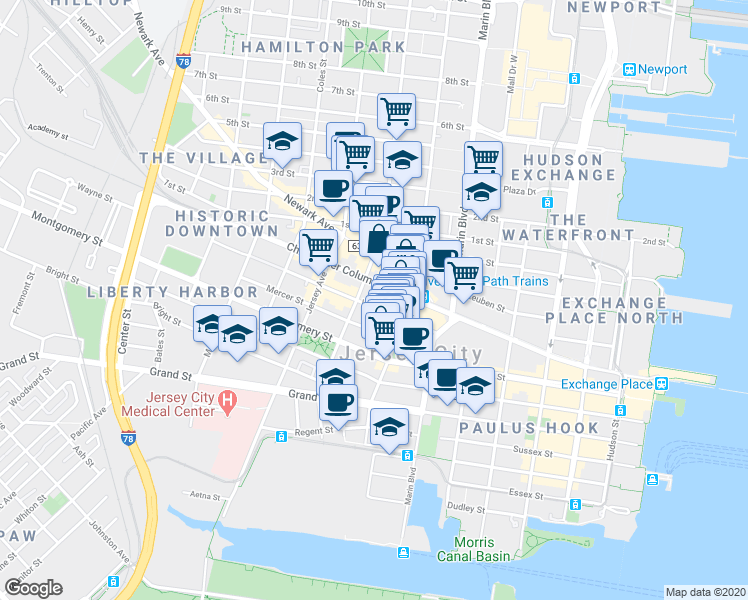 map of restaurants, bars, coffee shops, grocery stores, and more near 49 Wayne Street in Jersey City
