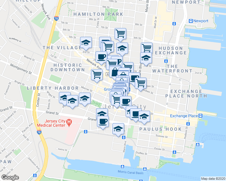 map of restaurants, bars, coffee shops, grocery stores, and more near 49 Wayne Street in Jersey City