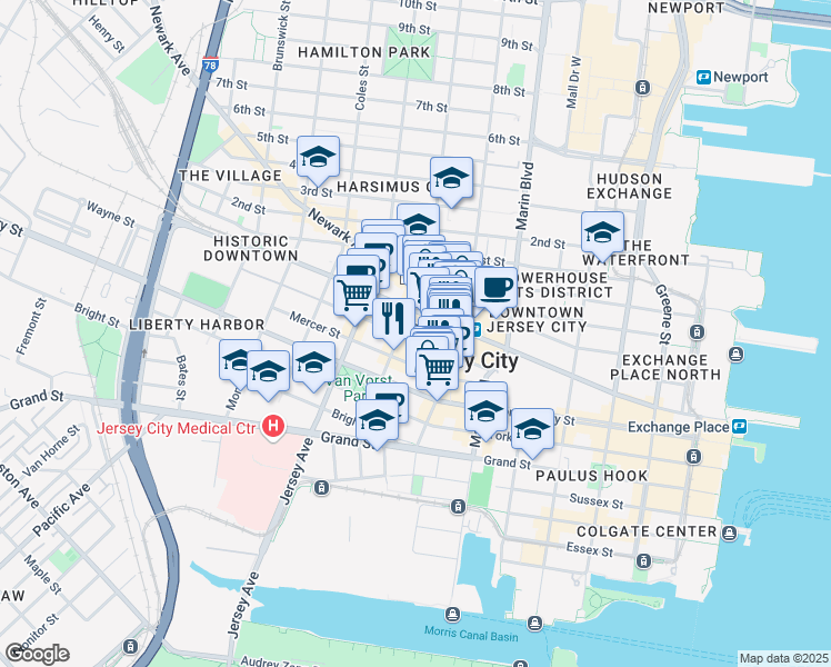map of restaurants, bars, coffee shops, grocery stores, and more near 49 Wayne Street in Jersey City