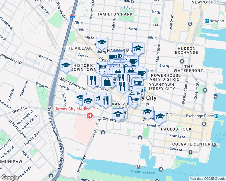 map of restaurants, bars, coffee shops, grocery stores, and more near 474 Jersey Avenue in Jersey City