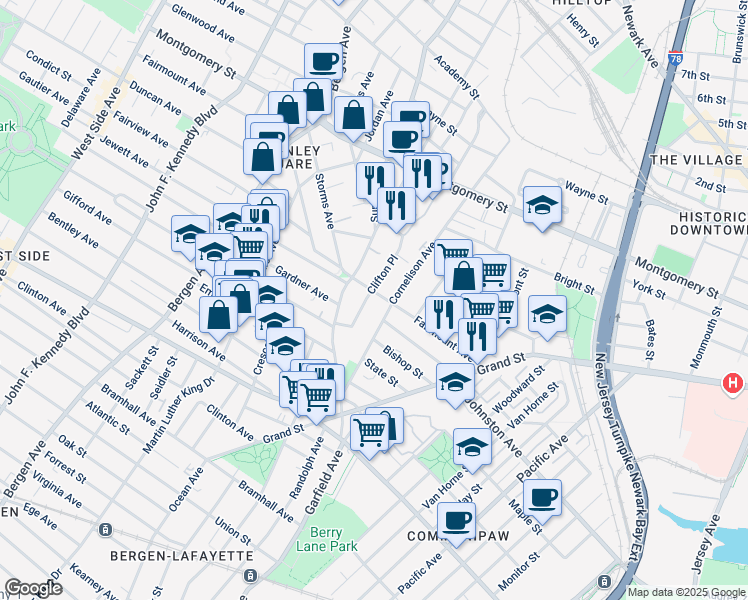 map of restaurants, bars, coffee shops, grocery stores, and more near 81 Cornelison Avenue in Jersey City