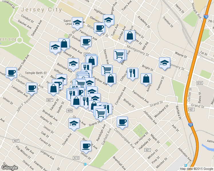 map of restaurants, bars, coffee shops, grocery stores, and more near 21 Belmont Avenue in Jersey City