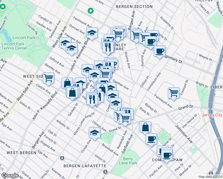 map of restaurants, bars, coffee shops, grocery stores, and more near 92A Astor Place in Jersey City