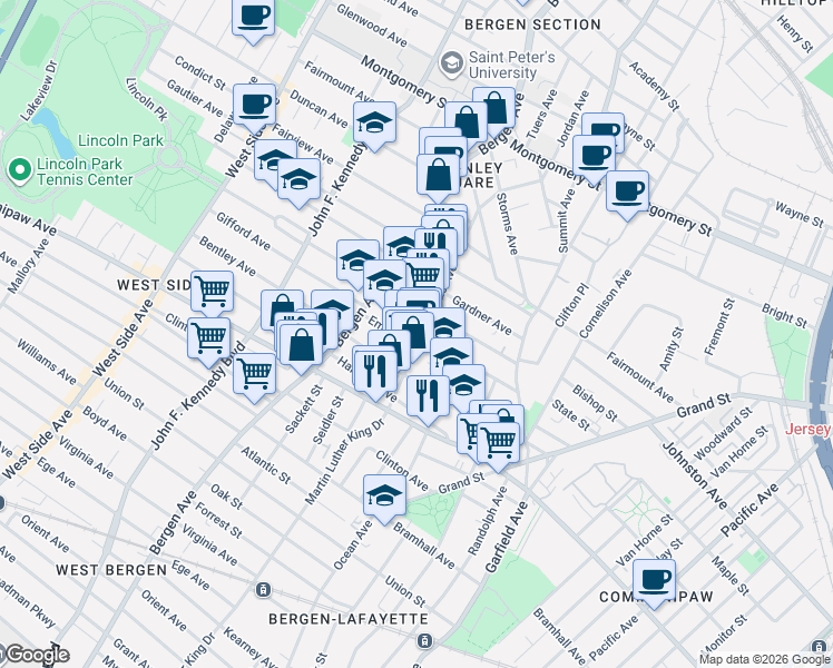 map of restaurants, bars, coffee shops, grocery stores, and more near in Jersey City