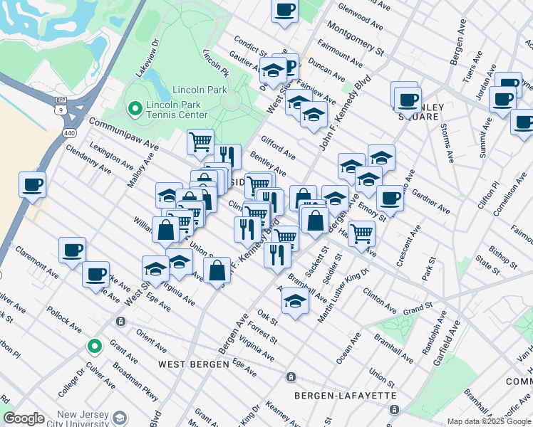 map of restaurants, bars, coffee shops, grocery stores, and more near 193 Clinton Avenue in Jersey City