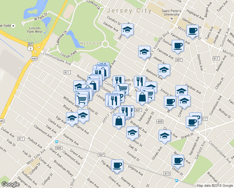 map of restaurants, bars, coffee shops, grocery stores, and more near 193 Clinton Avenue in Jersey City