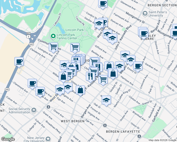 map of restaurants, bars, coffee shops, grocery stores, and more near 90 Lexington Avenue in Jersey City
