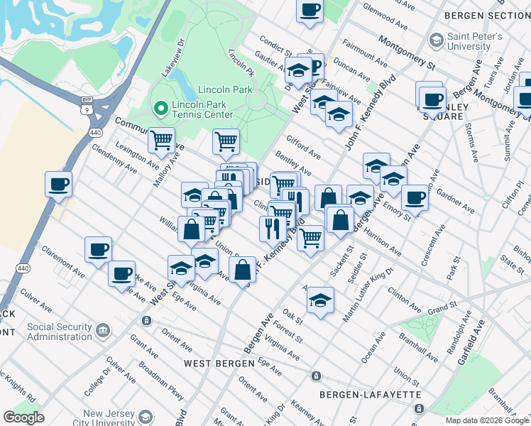 map of restaurants, bars, coffee shops, grocery stores, and more near 90 Lexington Avenue in Jersey City