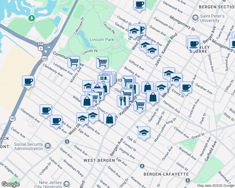map of restaurants, bars, coffee shops, grocery stores, and more near 90 Lexington Avenue in Jersey City
