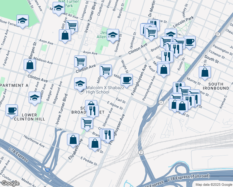 map of restaurants, bars, coffee shops, grocery stores, and more near 46 Poinier Street in Newark